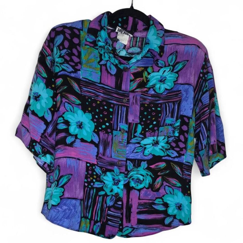 80s Button Up Shirt Abstract Floral Vintage Purple Turquoise Blue Pink M/L